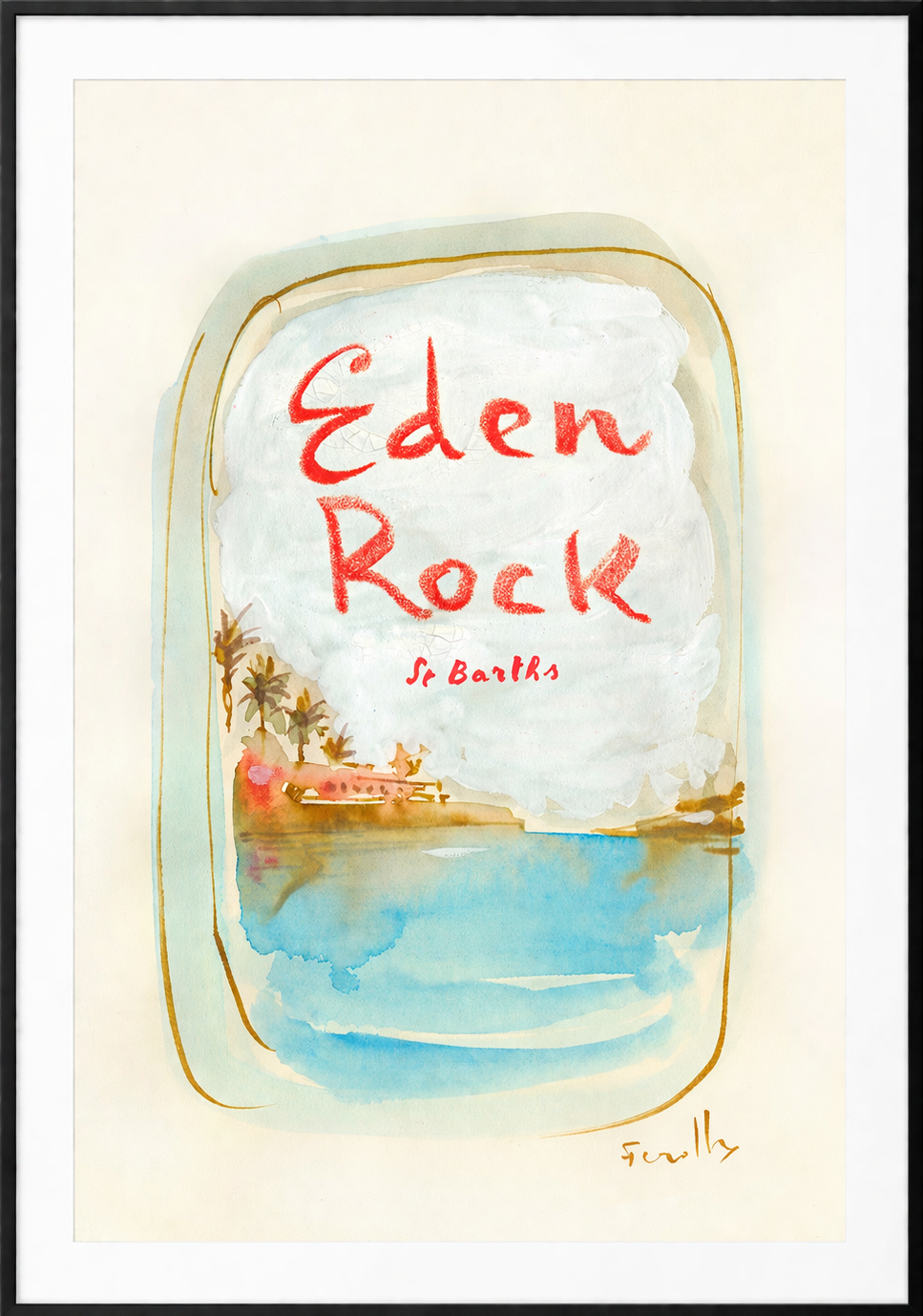 Framed artwork of 'Eden Rock' with a tropical scene and red text.