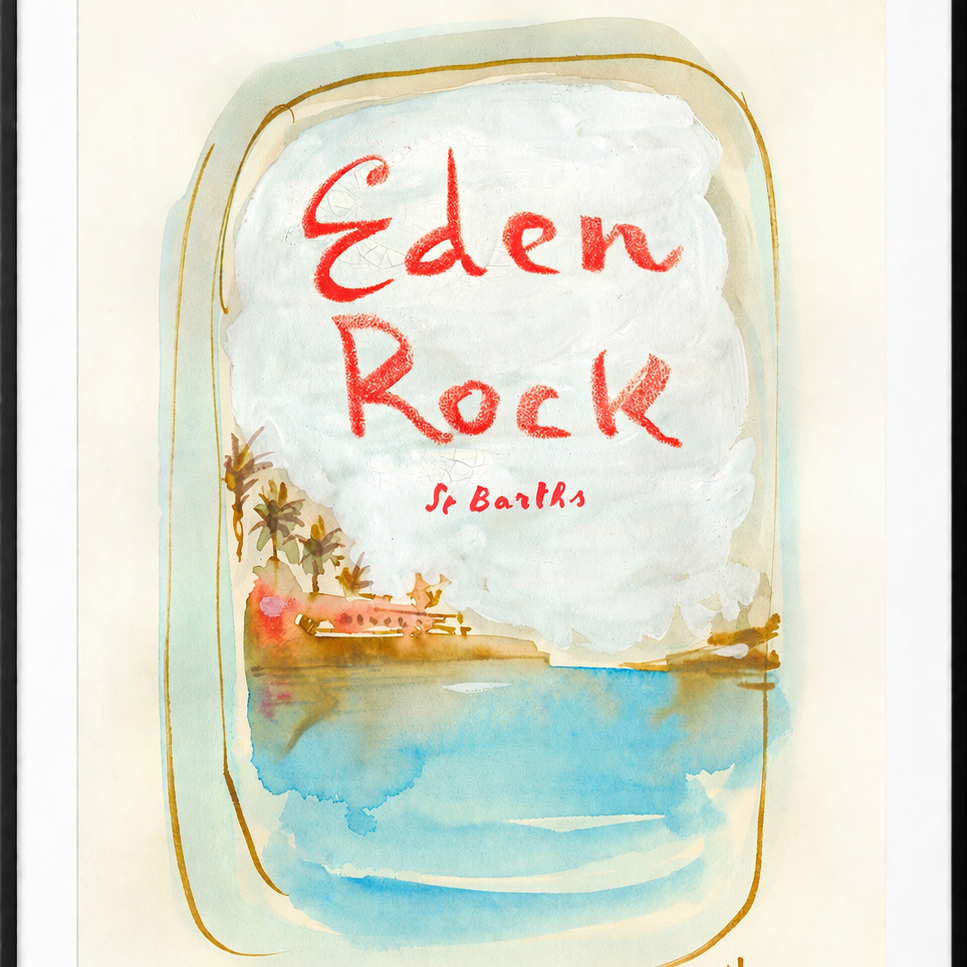 Framed artwork of 'Eden Rock' with a tropical scene and red text.